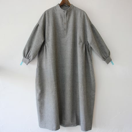 **再々入荷** LinenYa リネンヤ　ウールコットン長袖スタンドカラーワンピース　#千鳥格子