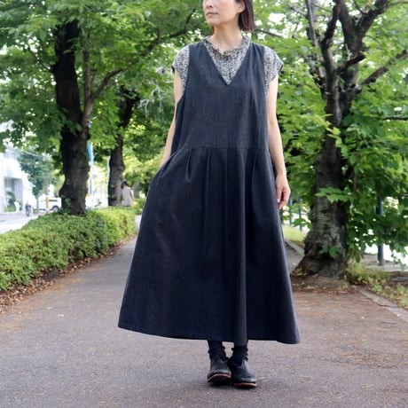 **再入荷** LinenYa リネンヤ　コットンタックジャンパースカート　#ブラック 【送料無料】