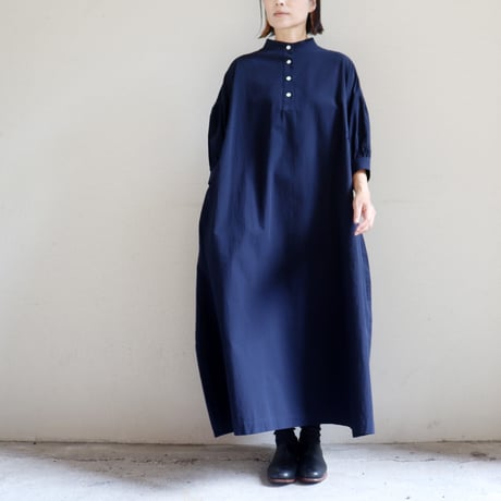 **またまた再入荷** LinenYa リネンヤ　コットンリネンラミースタンドカラーワンピース　#スミクロ、ネイビー