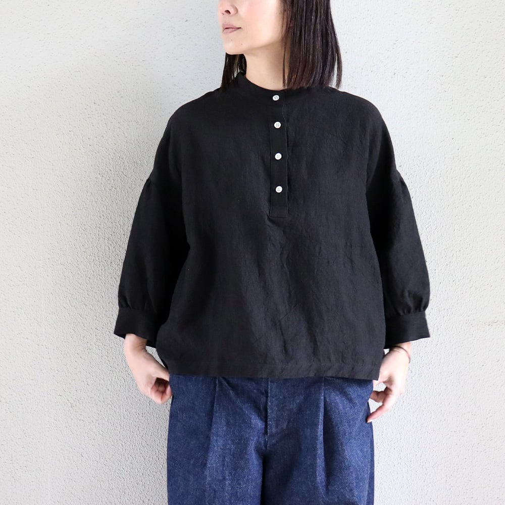 linenya リネンヤ リネン バンドカラー 長袖シャツ ブラック またまたまた再入荷** LinenYa リネンヤ リネンスタンドカラーブラウス
