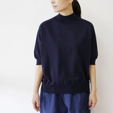 **またまたまた再入荷** LinenYa リネンヤ as it is.  コットンモックネック5分袖ニット　#ネイビー、ブラック、ホワイト