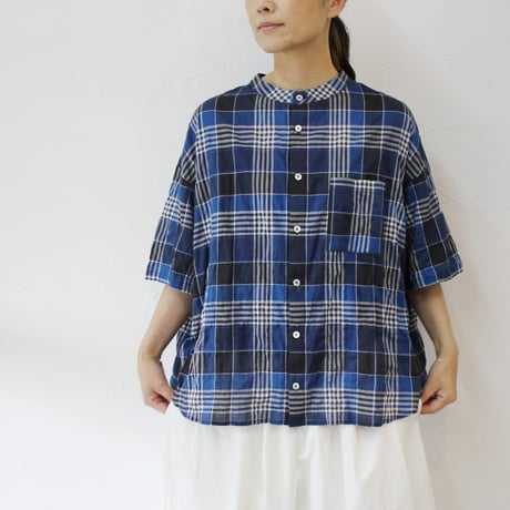 **またまた再入荷**　LinenYa リネンヤ　チェックハンドカラー半袖シャツ　#ブルー 、イエロー 【送料無料】