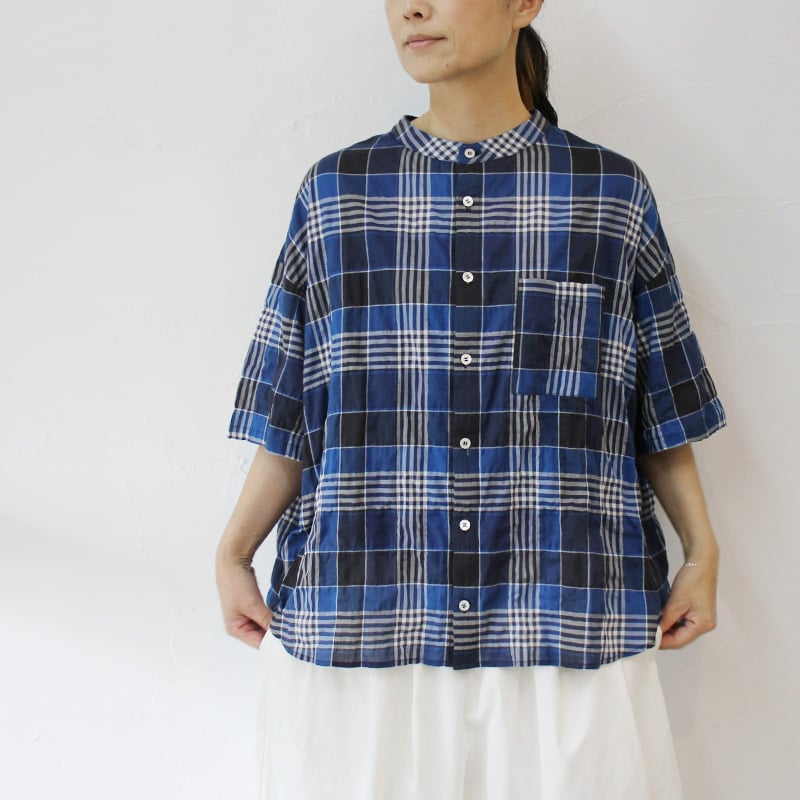 またまた再入荷** LinenYa リネンヤ チェックハンドカラー半袖シャツ