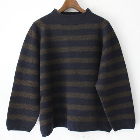 maomade マオメイド　エアーヤーンホールガーメントモックネックプルオーバー　#オフ白ｘネイビー、ネイビーｘブラウン