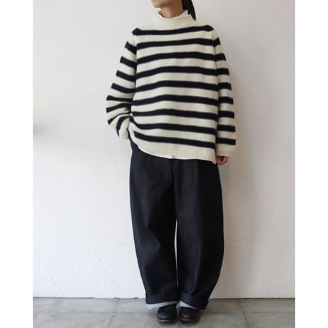 maomade マオメイド　エアーヤーンホールガーメントモックネックプルオーバー　#オフ白ｘネイビー、ネイビーｘブラウン