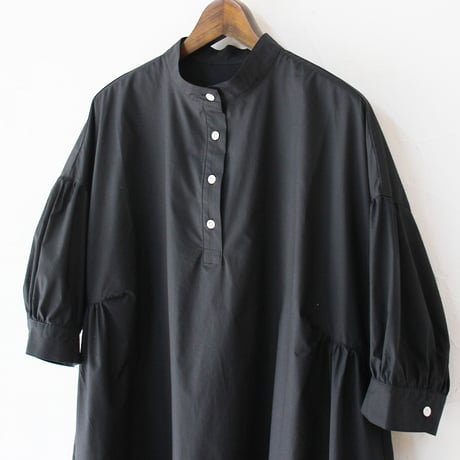 **またまたまた再生産分** LinenYa リネンヤ　コットンスタンドカラーワンピース　#ブラック、千鳥格子