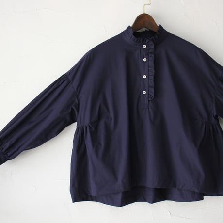 **再入荷** Linenya リネンヤ　コットンフリル長袖ブラウス　#ホワイト、ライトブルー、ネイビー、千鳥