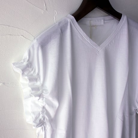 homspun ホームスパン 40/1フライスVネックギャザースリーブTシャツ　#サラシ、ブラック、TOPネイビー