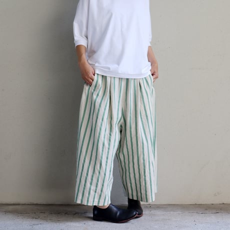 **再入荷** atelier naruse アトリエナルセ　コットンリネンストライプガウチョパンツ #グリーン、ブラック　【送料無料】