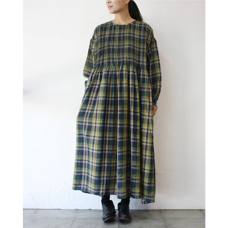 maison de soil メゾンドソイル WOOL COTTON  CHECK CREW NECK P/O DRESS WITH MINI PINTUCK　綿ウールチェックピンタックワンピース