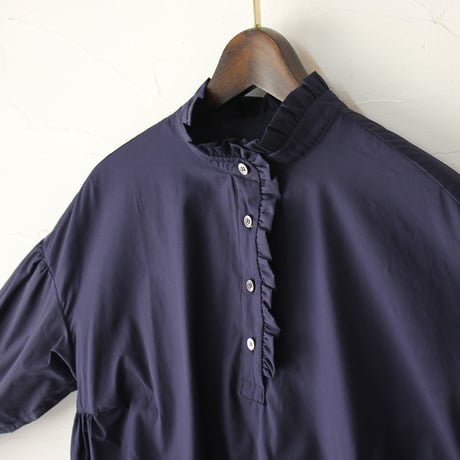 **再入荷** Linenya リネンヤ　コットンフリル長袖ブラウス　#ホワイト、ライトブルー、ネイビー、千鳥