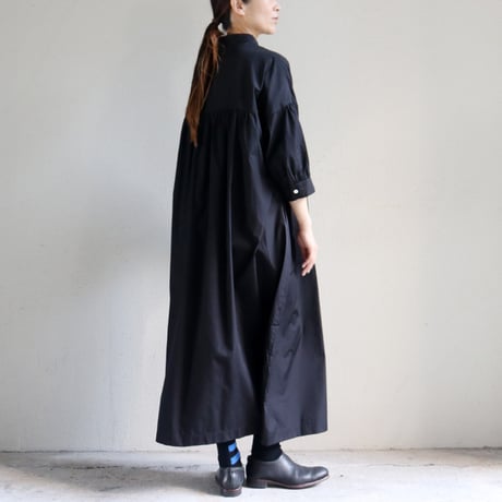 **またまたまた再生産分** LinenYa リネンヤ　コットンスタンドカラーワンピース　#ブラック、千鳥格子