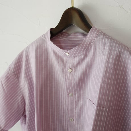 **またまた再入荷** LinenYa リネンヤ　綿麻ストライプバンドカラー半袖シャツ　#ブルー、ピンク