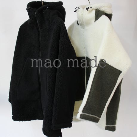 maomade マオメイド　シープボアｘ圧縮ウールフードジャケット　#オフ白ｘカーキ、ブラックｘブラック