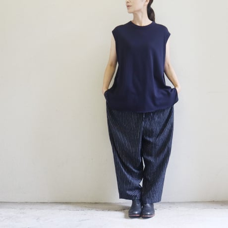 TRAVAIL MANUEL トラバイユマニュアル　リネンストライプスラントリボンパンツ　#ネイビー、グレー