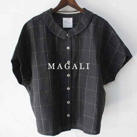 MAGALI マガリ　ウィンドウペンリネン・ロンド・ブラウス　#ブラック　【送料無料】