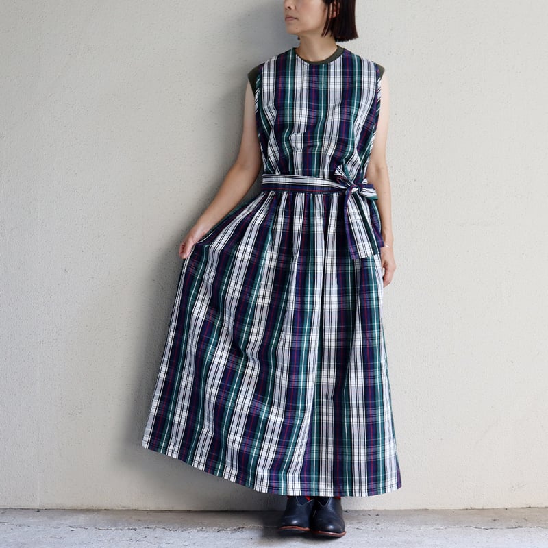 homspun タータンチェック柄ノースリーブワンピース オフxネイビーのみSALE** homspun ホームスパン C/Lタータン