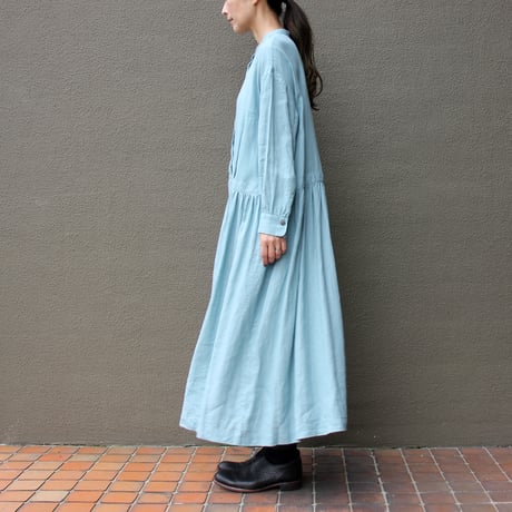 **再入荷**atelier naruse アトリエナルセ リネンシャツギャザーワンピース　#アクアブルー、ネイビー　【送料無料】