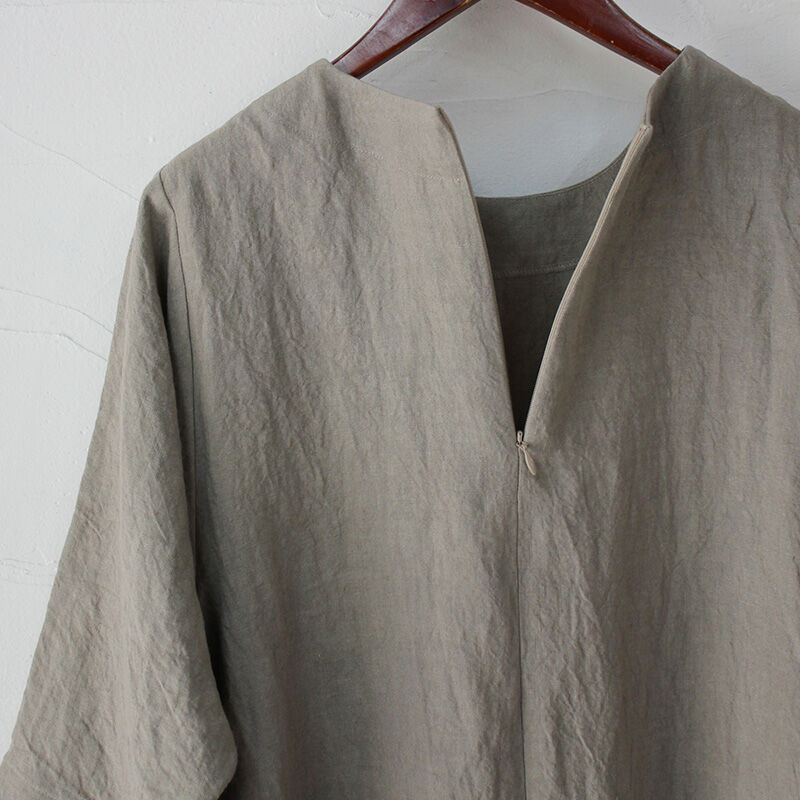 LinenYa リネンギャザーワンピース #ネイビー、グレージュ