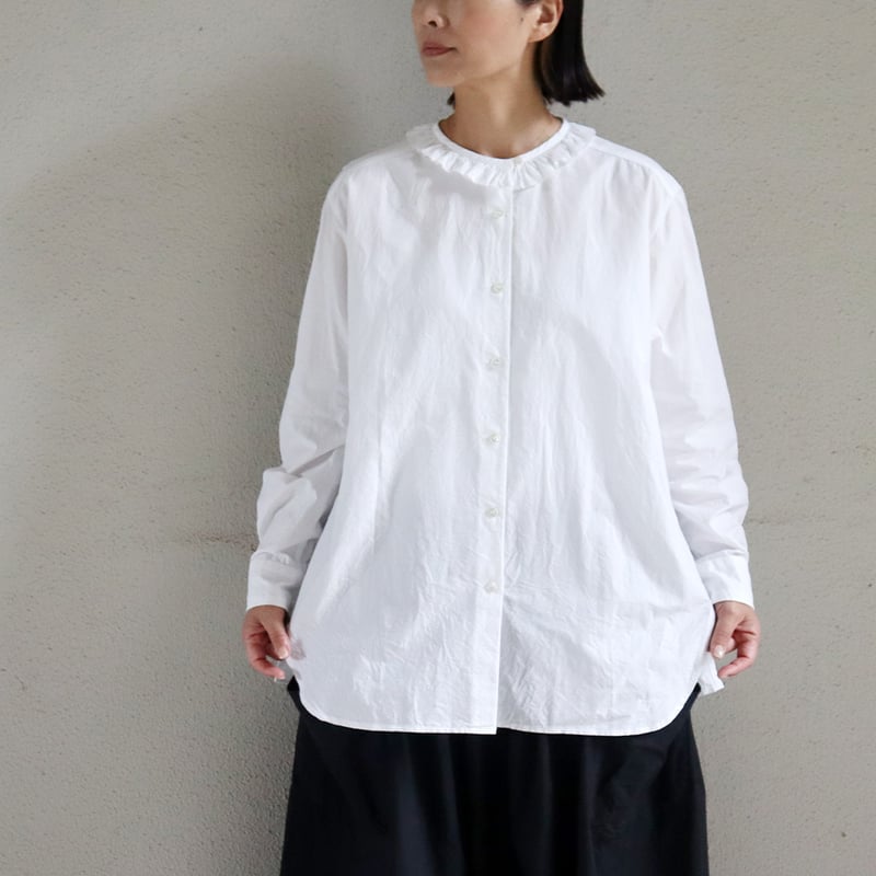 美品 homspun フリルブラウス 白 ホームスパンコットントリプルツイル