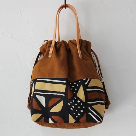 ARTE POVERA アルテポーヴェラ　SuKiMaリメイク インドハンドプリント巾着BAG（M)　#ブラウン、ブラック