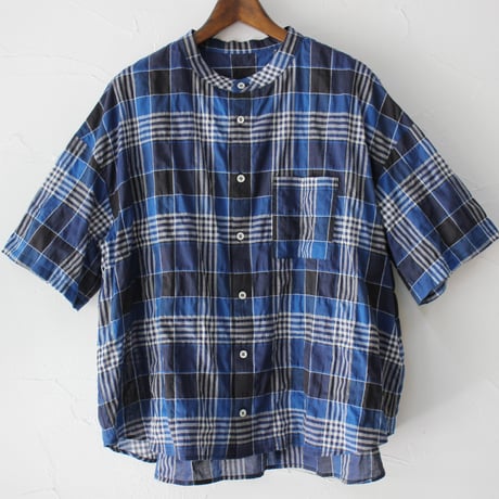 **またまた再入荷**　LinenYa リネンヤ　チェックハンドカラー半袖シャツ　#ブルー 、イエロー 【送料無料】
