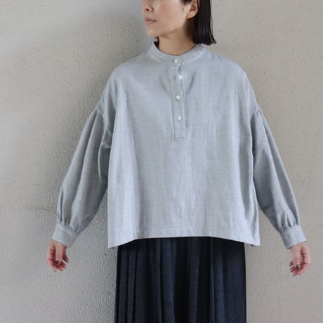 Linenya リネンヤ　綿麻ウール長袖スタンドカラーブラウス　#ライトグレー