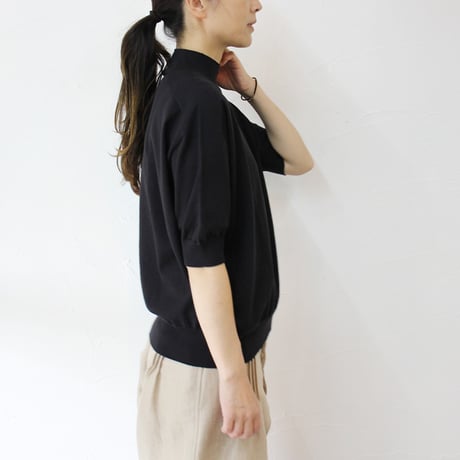 **またまたまた再入荷** LinenYa リネンヤ as it is.  コットンモックネック5分袖ニット　#ネイビー、ブラック、ホワイト