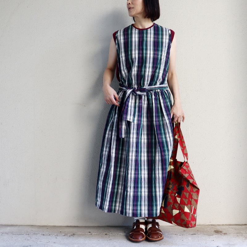 homspun タータンチェック柄ノースリーブワンピース オフxネイビーのみSALE** homspun ホームスパン C/Lタータン