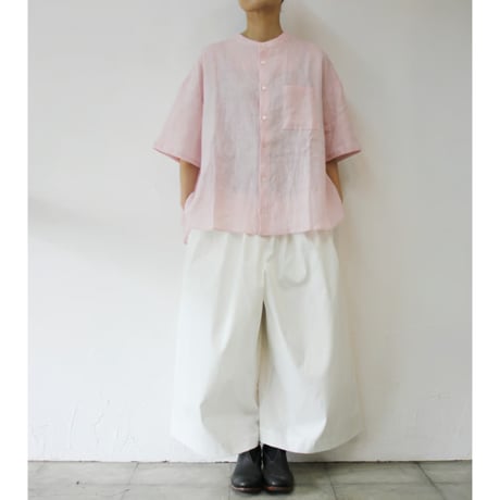 **またまた再入荷** LinenYa リネンヤ　リネンバンドカラー半袖シャツ　#ピンク　【送料無料】