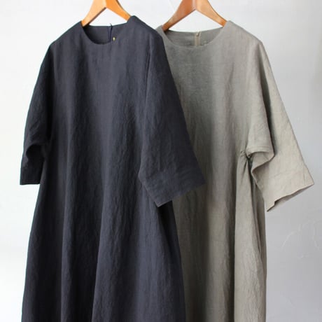 LinenYa リネンギャザーワンピース　#ネイビー、グレージュ　【送料無料】