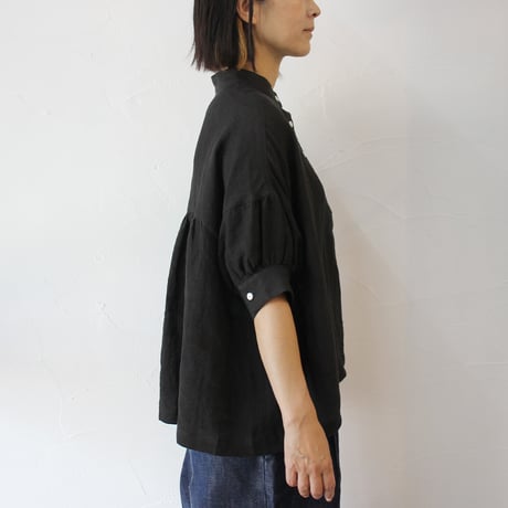 **またまたまた再入荷**LinenYa リネンヤ　リネン半袖スタンドカラーブラウス　#アイボリー、ライトグレー、ブラック