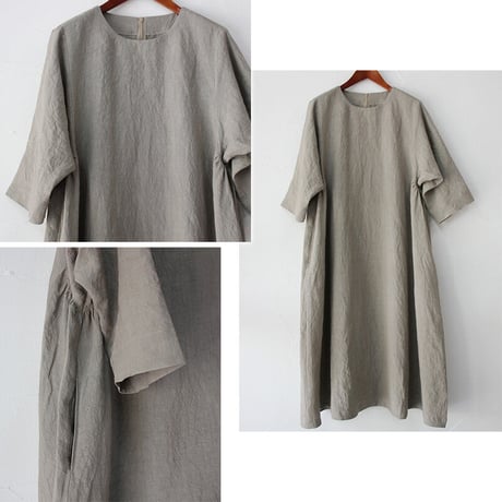 LinenYa リネンギャザーワンピース　#ネイビー、グレージュ　【送料無料】
