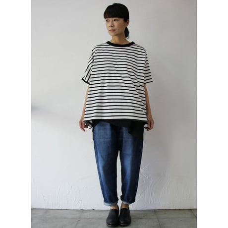 CAERULA カエルラ　天竺 ボーダーアシンメトリー Tシャツ　#白×ブラック　【送料無料】