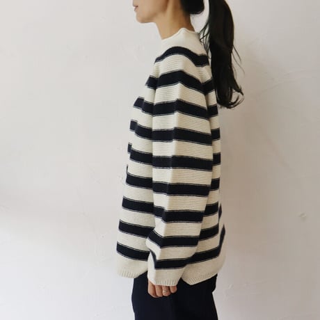 maomade マオメイド　エアーヤーンホールガーメントモックネックプルオーバー　#オフ白ｘネイビー、ネイビーｘブラウン