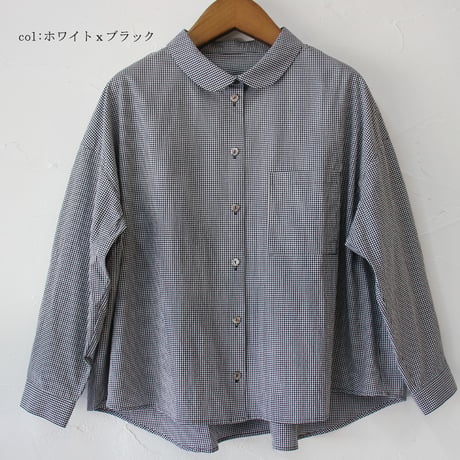 **再々入荷** Linenya リネンヤ　コットンギンガム長袖丸襟ブラウス　#ホワイトｘブラック、ネイビーｘブラウン