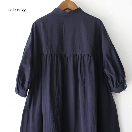 **またまた再入荷** LinenYa リネンヤ　コットンリネンラミースタンドカラーワンピース　#スミクロ、ネイビー