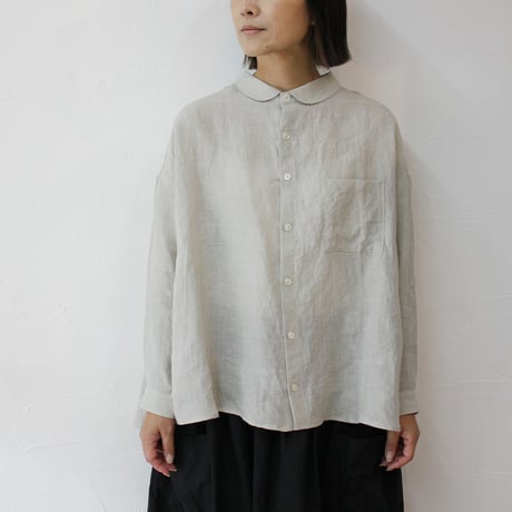 **再入荷** Linenya リネンヤ　リネン丸襟長袖ブラウス　#ホワイト、ライトグレー、ブラック