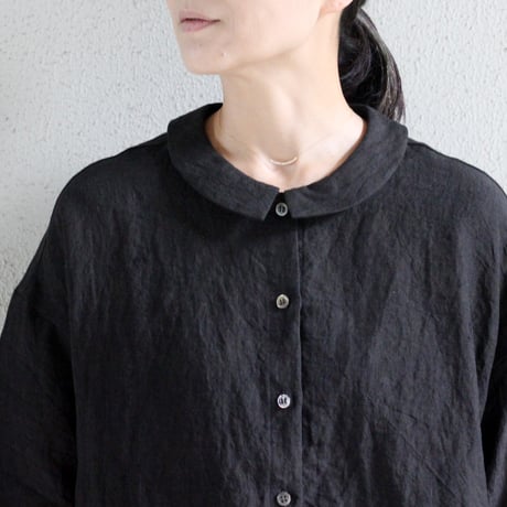 Linneya リネンヤ　リネンフラットカラー半袖ブラウス　#ブラック、モカ、ライトグレー