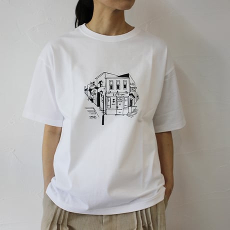 amne アンヌ　Tシャツ　ブティック柄半袖Tシャツ　#ホワイト、セージ、ネイビー