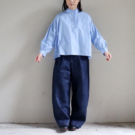 **再入荷** Linenya リネンヤ　コットンフリル長袖ブラウス　#ホワイト、ライトブルー、ネイビー、千鳥