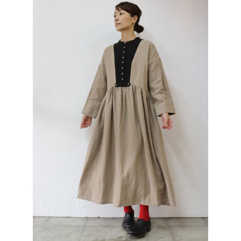 MAGALI マガリ ブラッシュドベルギーリネンギャザーワンピース 