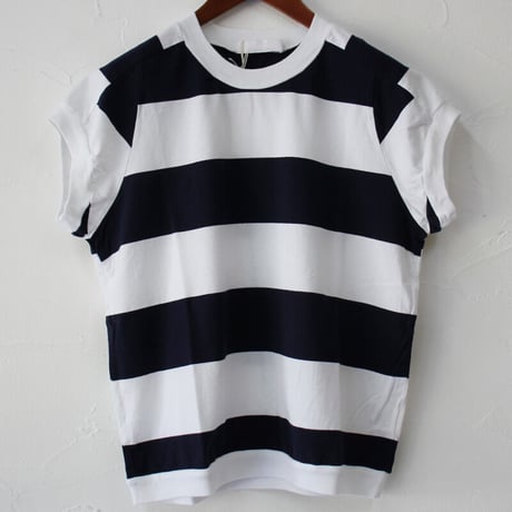 homspun ホームスパン 60/2天竺太ボーダーキャップスリーブTシャツ　#サラシ×ネイビー、生成り×ブラック