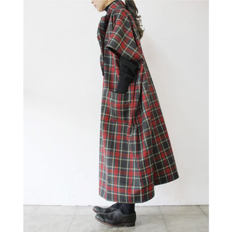 homspun ホームスパン　ウールタータンワンピース　#ベージュｘサックス、チャコールｘレッド