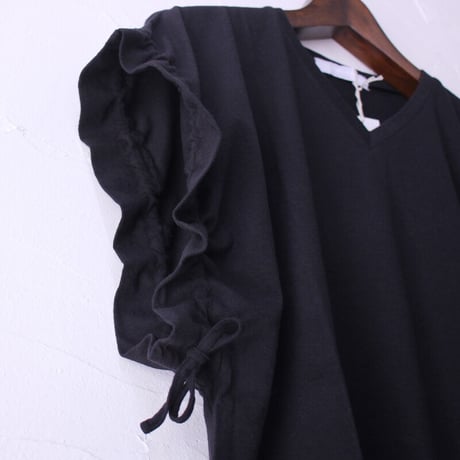 homspun ホームスパン 40/1フライスVネックギャザースリーブTシャツ　#サラシ、ブラック、TOPネイビー