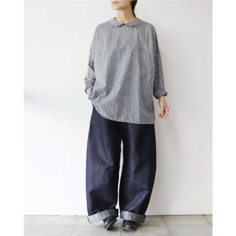 homspun ホームスパン　80/1ギンガムフラットカラープルオーバーブラウス　#グレープ、ブラック、マスタード