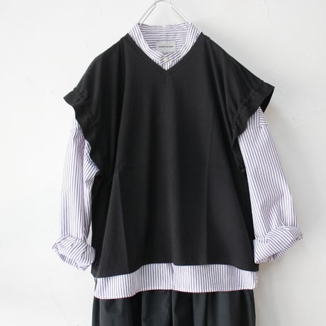homspun ホームスパン 40/1フライスVネックギャザースリーブTシャツ　#サラシ、ブラック、TOPネイビー