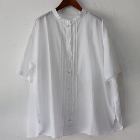 **再入荷**　Linenya リネンヤ　ピンタック半袖ブラウス　#ホワイト、ブルーシャンブレー