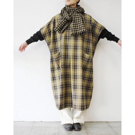 homspun ホームスパン　ウールタータンワンピース　#ベージュｘサックス、チャコールｘレッド