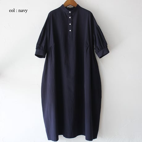 **またまた再入荷** LinenYa リネンヤ　コットンリネンラミースタンドカラーワンピース　#スミクロ、ネイビー